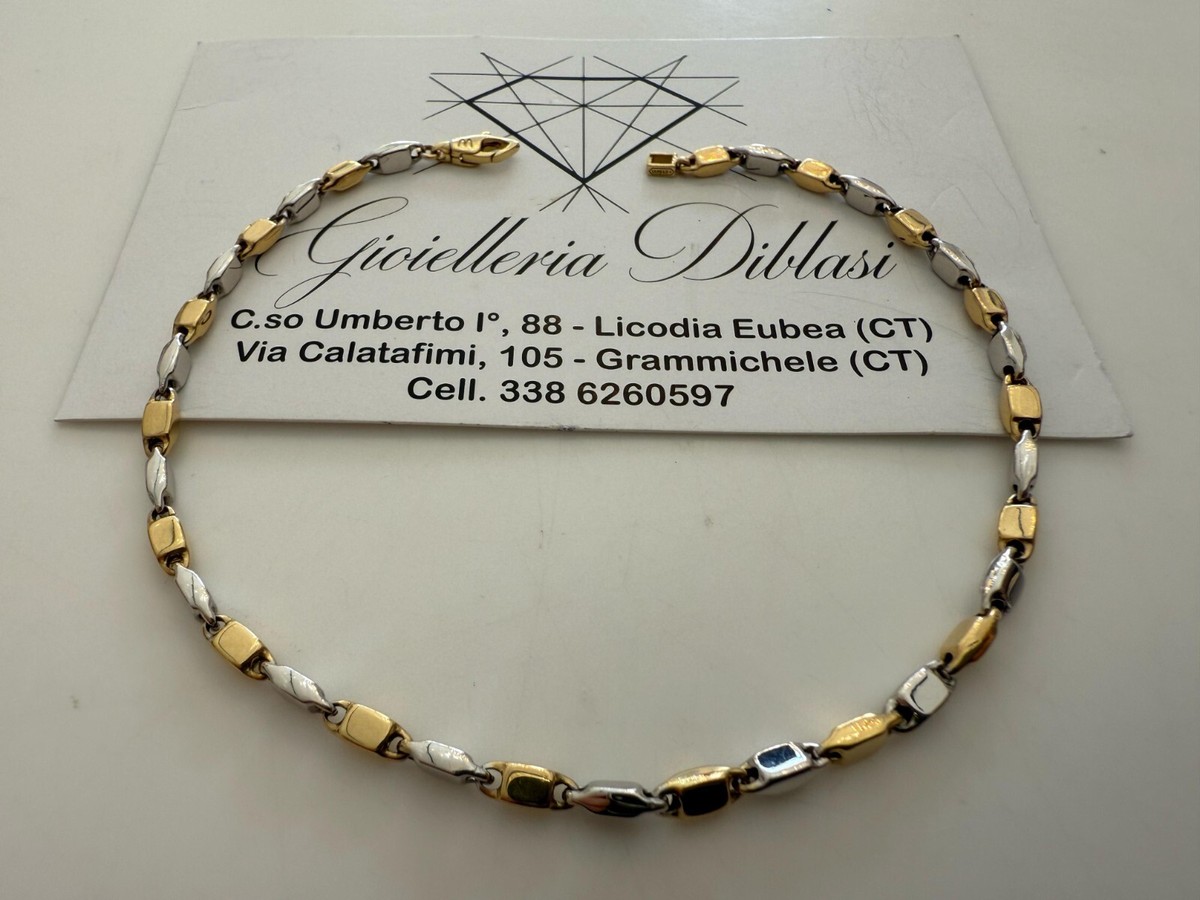 18K WHITE YELLOW GOLD BRACELET ROUND ALTERNATE 1+1 TUBE LINKS 21,5 cm  INCHES