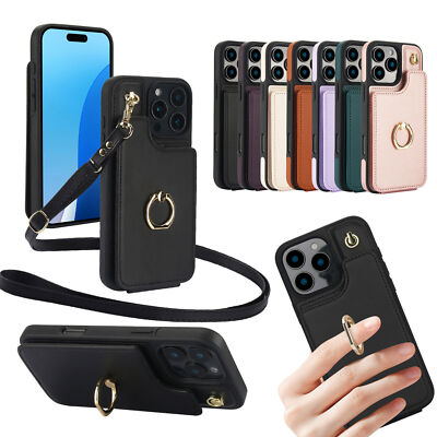 Luxury Leather Lanyard Card Slot Cover Case For 16 15 14 13 12 11 Pro Max XR XS
