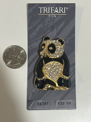 Vintage TRIFARI Gold Tone Black Enamel Panda Clear Rhinestones Brooch Pin New