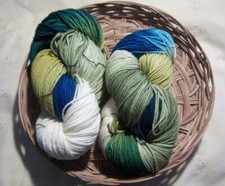 hand dyed  100 SW wool  3.5 oz skein  blues greens white  2 skeins 2 