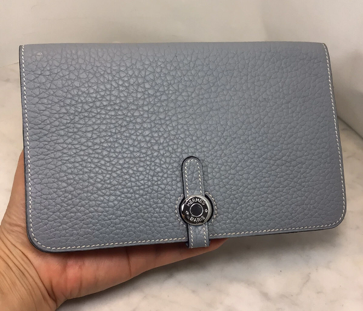 Genuine HERMES Dogon Duo blue Grey Bifold wallet