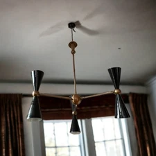 Mid-Century Modern Brass Chandelier 6 Arm Black & Brass Pendant Light Home Decor