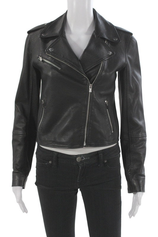 Club Monaco Womens Biker Moto Leather Jacket Black Zip Size S