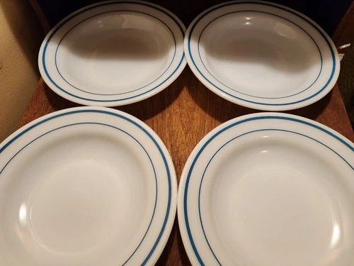 VTG PYREX Tableware By Corning Blue Double Band Soup/Pasta Bowl X4