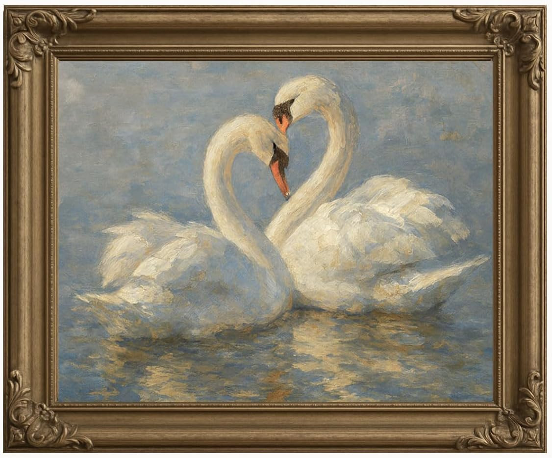 Swan Couple Wall Art ? Romantic White Swan Print ? Vintage Impressionist Oil