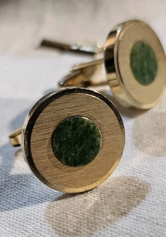 Gemelos y pasador de corbata vintage de jade verde FOSTER de los años 60 Foto 4 de 4