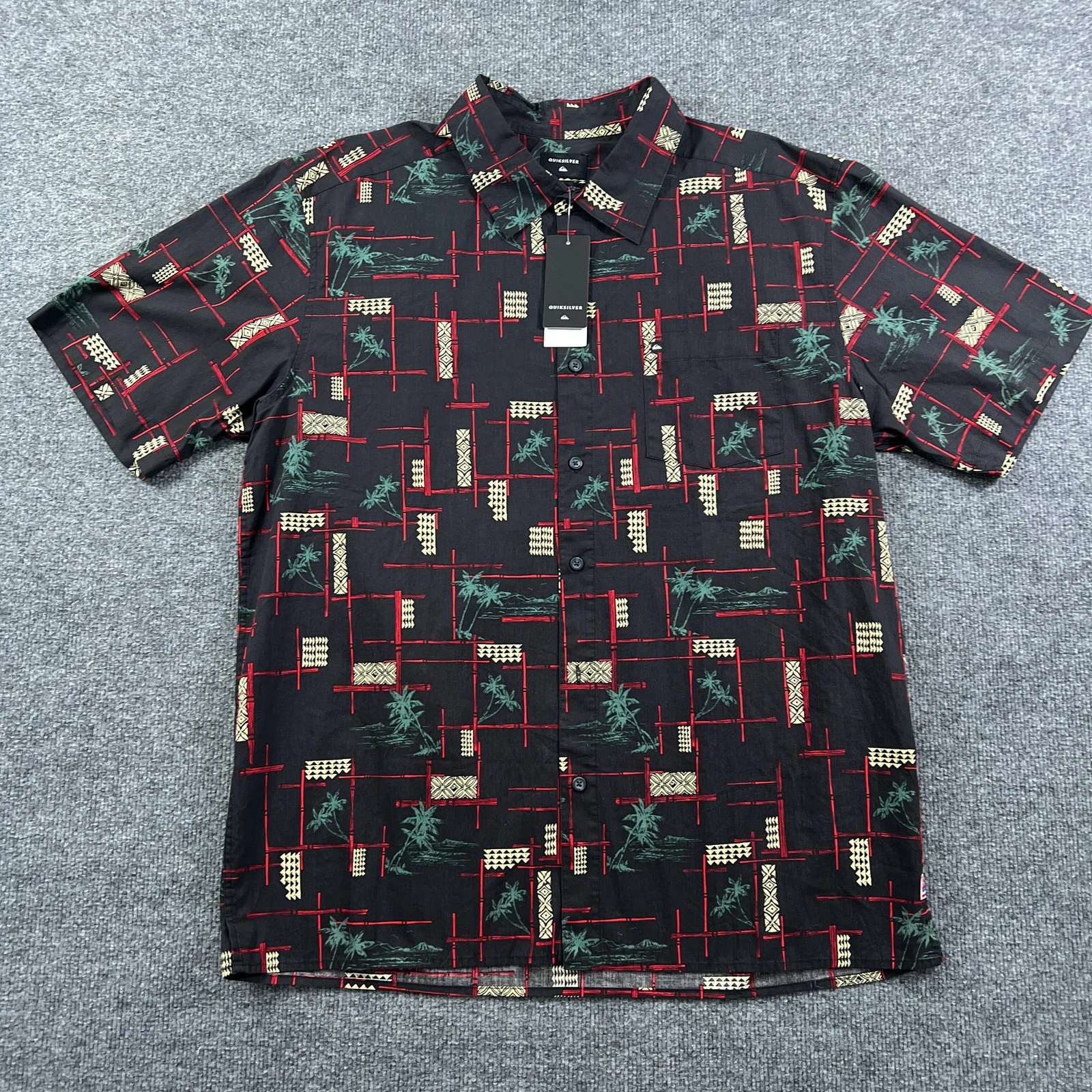 Quiksilver Shirt Mens Large Black Hawaiian Aloha Palm Tree Regular Fit Cotton