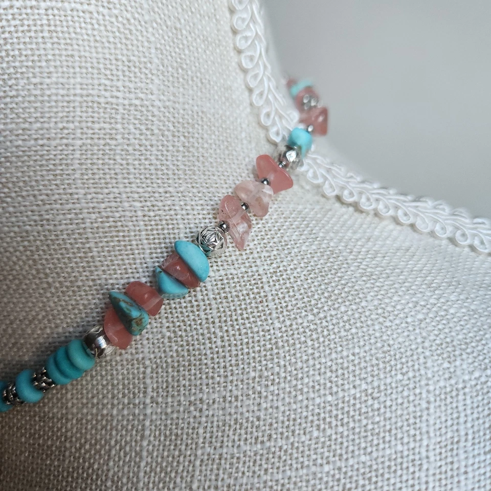 Beaded Necklace w/ Raw Turquoise, Rose Quartz & Feather Charms 18" - Image 2 of 4