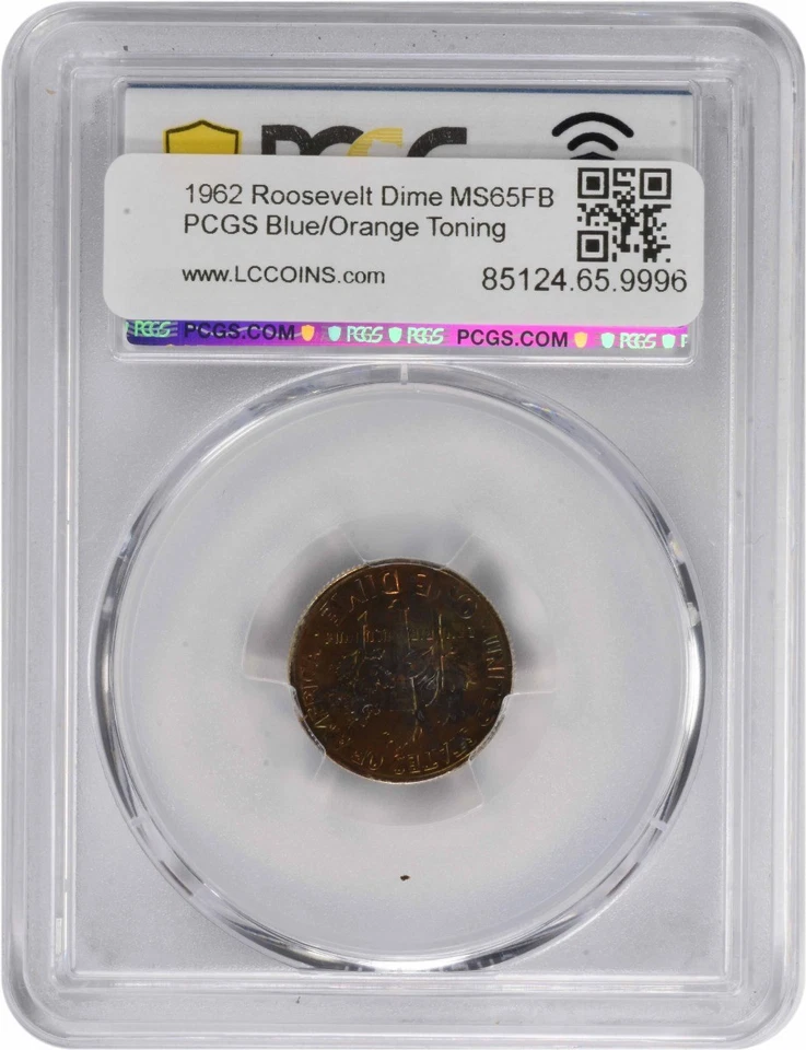 1962 Roosevelt Silver Dime MS65FB PCGS Blue/Orange Toned - Image 2 of 2