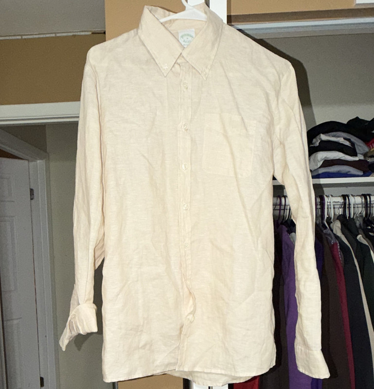 Brooks Brothers Milano Fit Men's Beige Solid M Dress Shirt Long Sleeve Linen