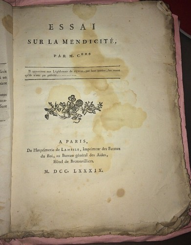 MENDICITÉ. RARE Essai sur la mendicité, par M. C***.1789. - Foto 1 di 11