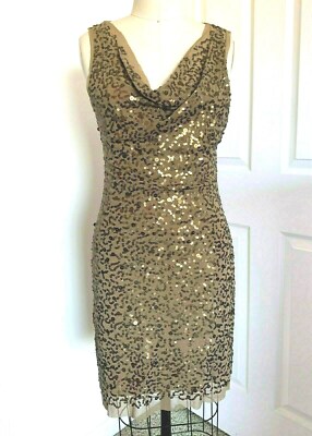 MAX STUDIO NEW Gold Sequin Sleeveless Drape Neck Mesh Trim Dress M | eBay
