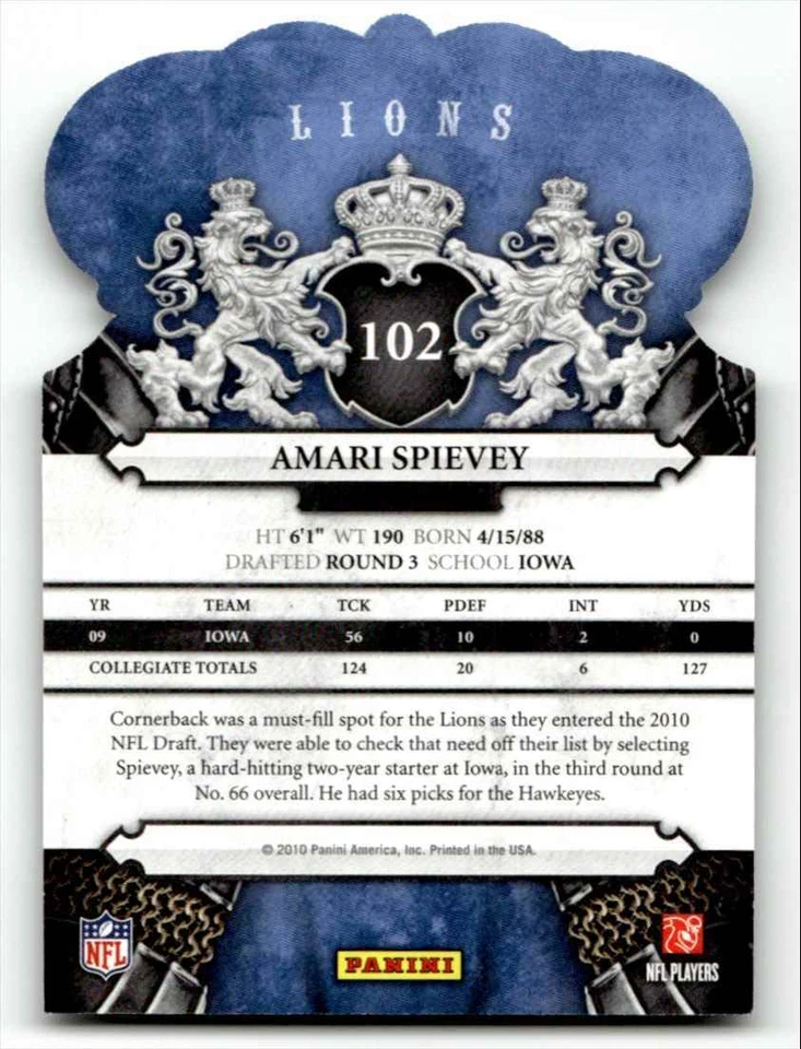 2010 PANINI CROWN ROYALE AMARI SPIEVEY RC DETROIT LIONS #102 - Image 2 of 2