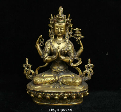Tibet Buddhism Bronze Brass Louts 4 Arms Chenrezig Buddha Statue Sculpture