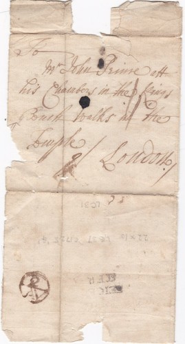 c.1725 2 LINE LEICESTER PMK & BISHOPMARK WRAPPER TO TEMPLE LONDON PRE-STAMP - 第 1/2 張圖片