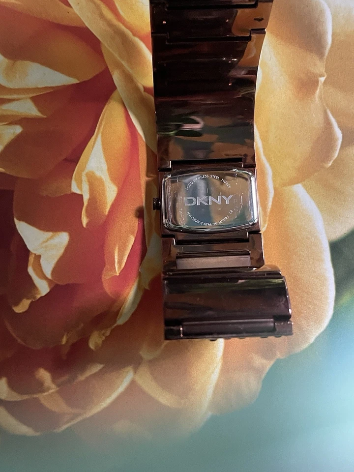 DKNY Ladies Watch Brown Metal Tone Crystal Wide Bracelet Needs Battery 7” - Image 2 of 4