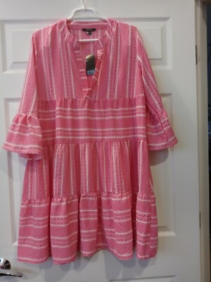 Esmara 3/4 Sleeve Tiered Dress Size Large White/ Fuchsia Tribal Print NWT