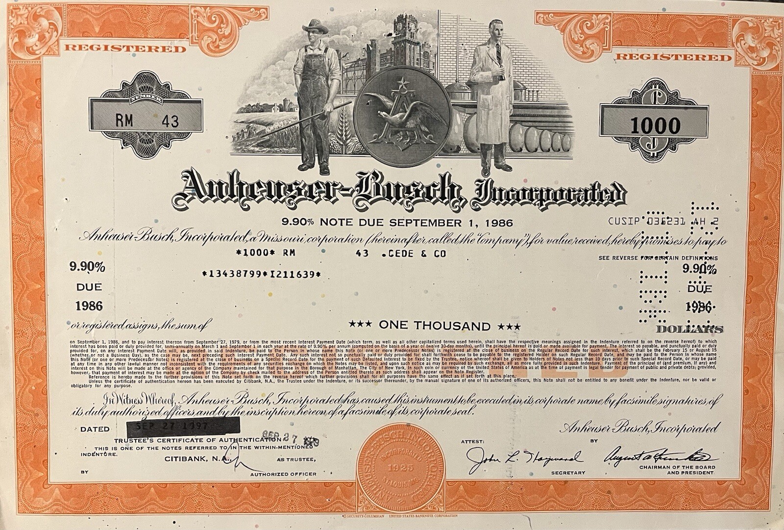 Anheuser Busch Company Bond Certificate- St Louis Brewery Pictured VF