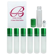 6pcs 10ML Frosted Glass Roller Bottles with Stainless Steel Ball and Green Cap