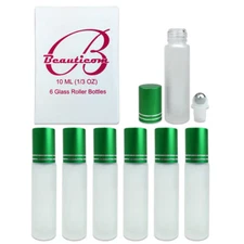 6pcs 10ML Frosted Glass Roller Bottles with Stainless Steel Ball and Green Cap