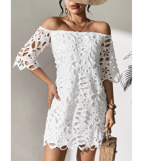 Women's Fashion Guipure Lace Short Sleeve Off Shoulder Short A Line Dress NWON Women's Fashion Guipure Lace Short Sleeve Off Shoulder Short A Line Dress NWON
