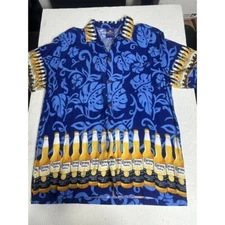 Corona Beer Hawaiian Button Down Shirt Blue Size Large Double Sided Blue Yellow