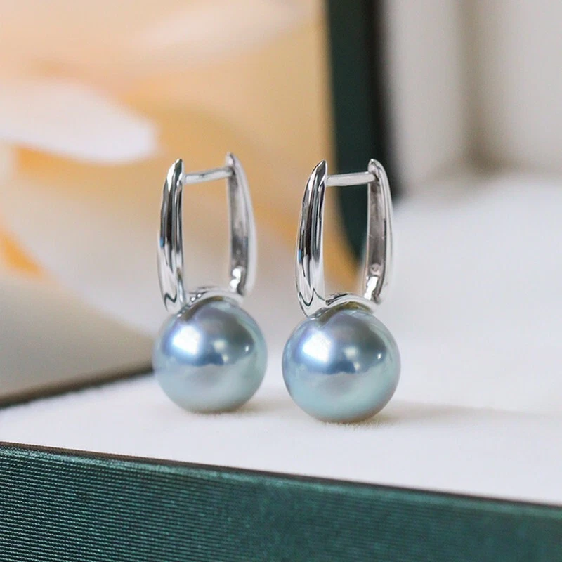 Pendientes de perlas japonesas Akoya Madama de oro de 18 quilates de 10 mm, perlas azules de plata natural Foto 2 de 4