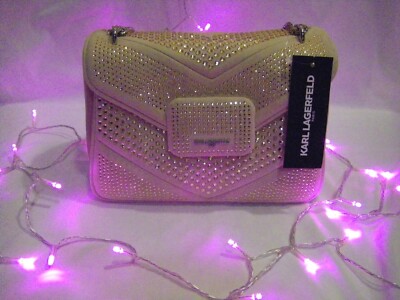 Karl Lagerfeld Paris Adele Medium Shoulder Bag Shell Suede Rose Gold Crystal NWT