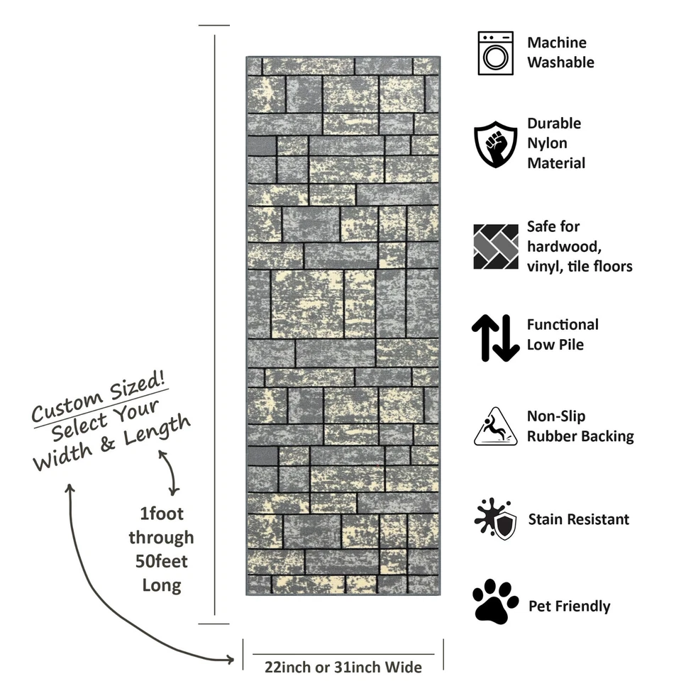 Custom Size Stair Hallway Runner Rug Non Slip Rubber Back Grey Ivory Tiles 3D - Image 4 of 4