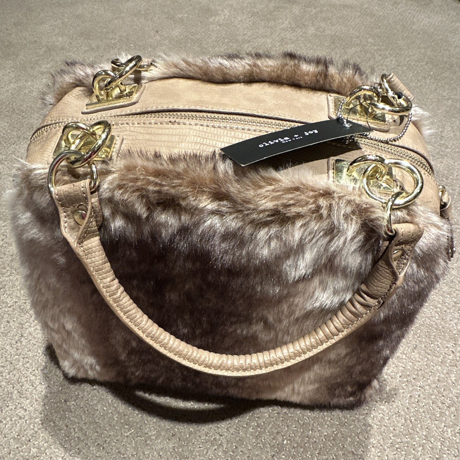 Olivia + Joy Faux Fur ASPEN Satchel Top Handle Zip w/ Strap Beige Brown Gold