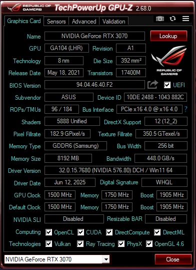 ASUS ROG STRIX GeForce RTX 3070 OC 8GB GDDR6 Gaming Graphics Card GPU | Tested - Image 2 of 4