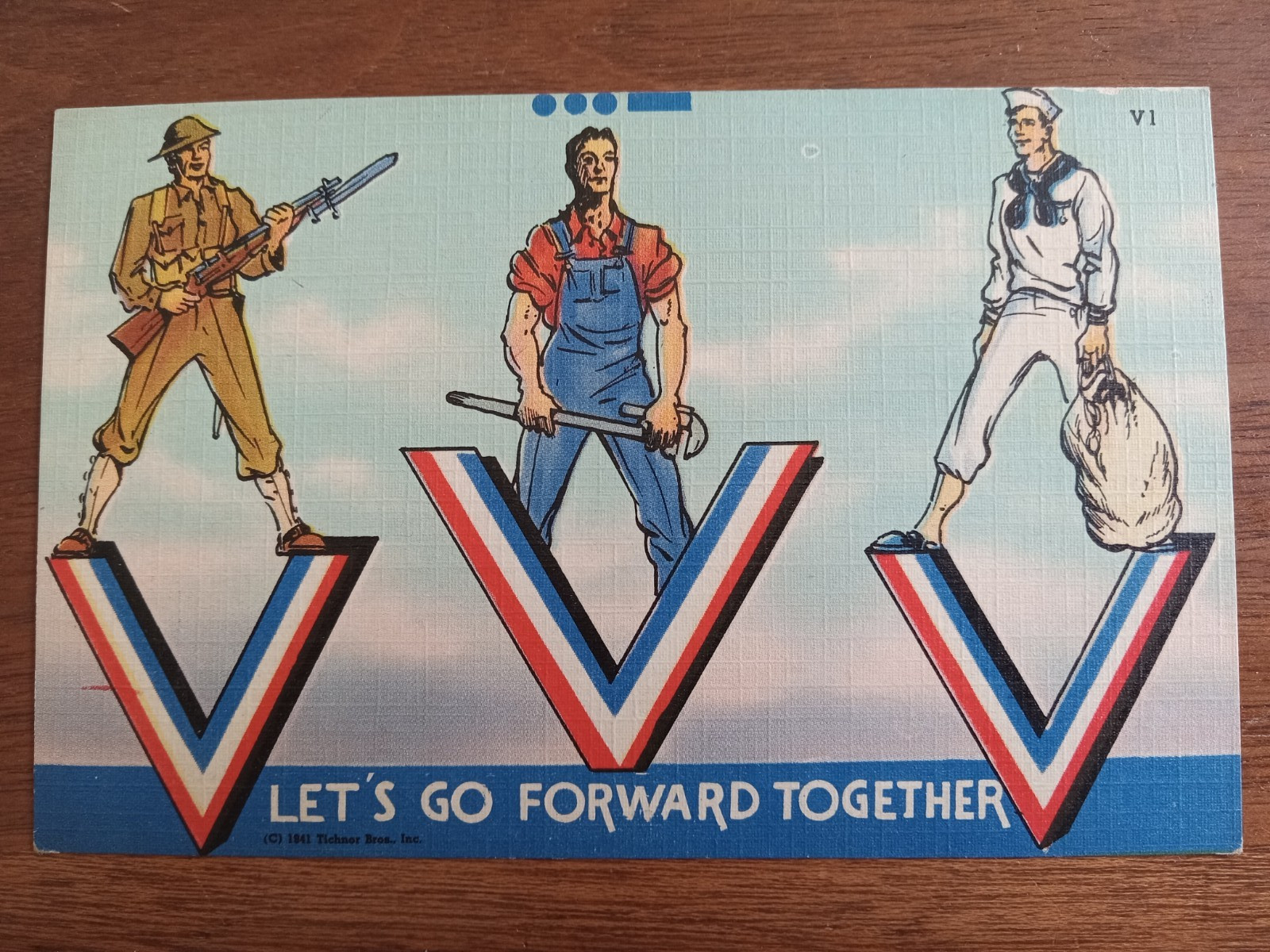 c1945 WW2 V For Victory, Let's Go Forward Together, sailor, soldier, workman