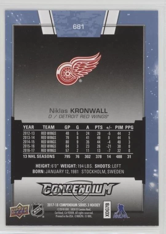 2017-18 Upper Deck Compendium Blue Niklas Kronwall #681 - Image 2 of 2