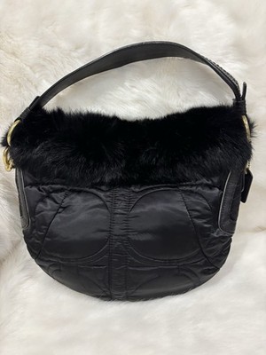バッグ Coach 9489 Hobo Shoulder bag Rabbit fur Coach Soho Ski Black Nylon Black Rabbit Fur Trim Hobo Shoulder Bag