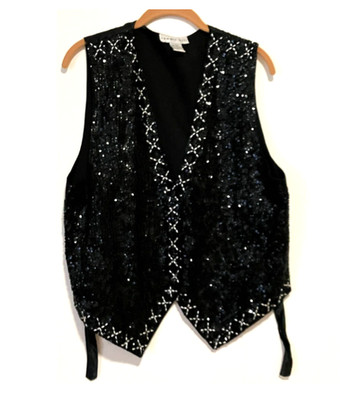 Vintage Black Sequin Button Up Vest Top Sleeveless Adjustable LARGE