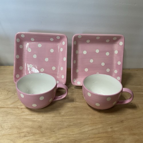 Pampered Chef Help Whip Breast Cancer Pink Polka Dot 2 Mugs and 2 Plates