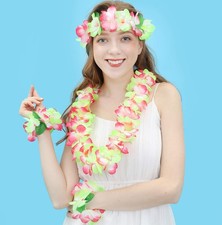 Tropical Hawaiian Leis,Flower Garland Set for Adult Kids Pink green