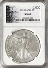 2013 American Silver Eagle NGC MS69 1 Oz 0.999 Black Label Bullion Coin #064