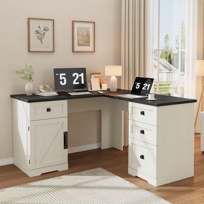 60'' Executive L Shaped Desk Office Desk W/ Drawers Cabinet Corner Computer Desk