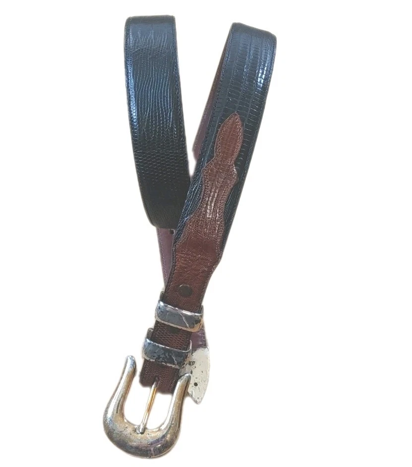 Bandera Genuine Lizard Black Brown Leather Men Sz 36 Solid Brass Buckle Vtg USA - Image 2 of 4