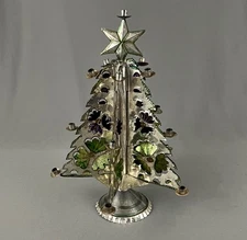 Vtg Punched Tin Christmas Tree Candle Holder Green Purple Floral Mexico 13.5 in