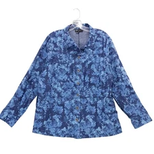 DG2 Diane Gilman Soft Cell Stretch Denim Jacket Floral Blue Button Front XL NWT