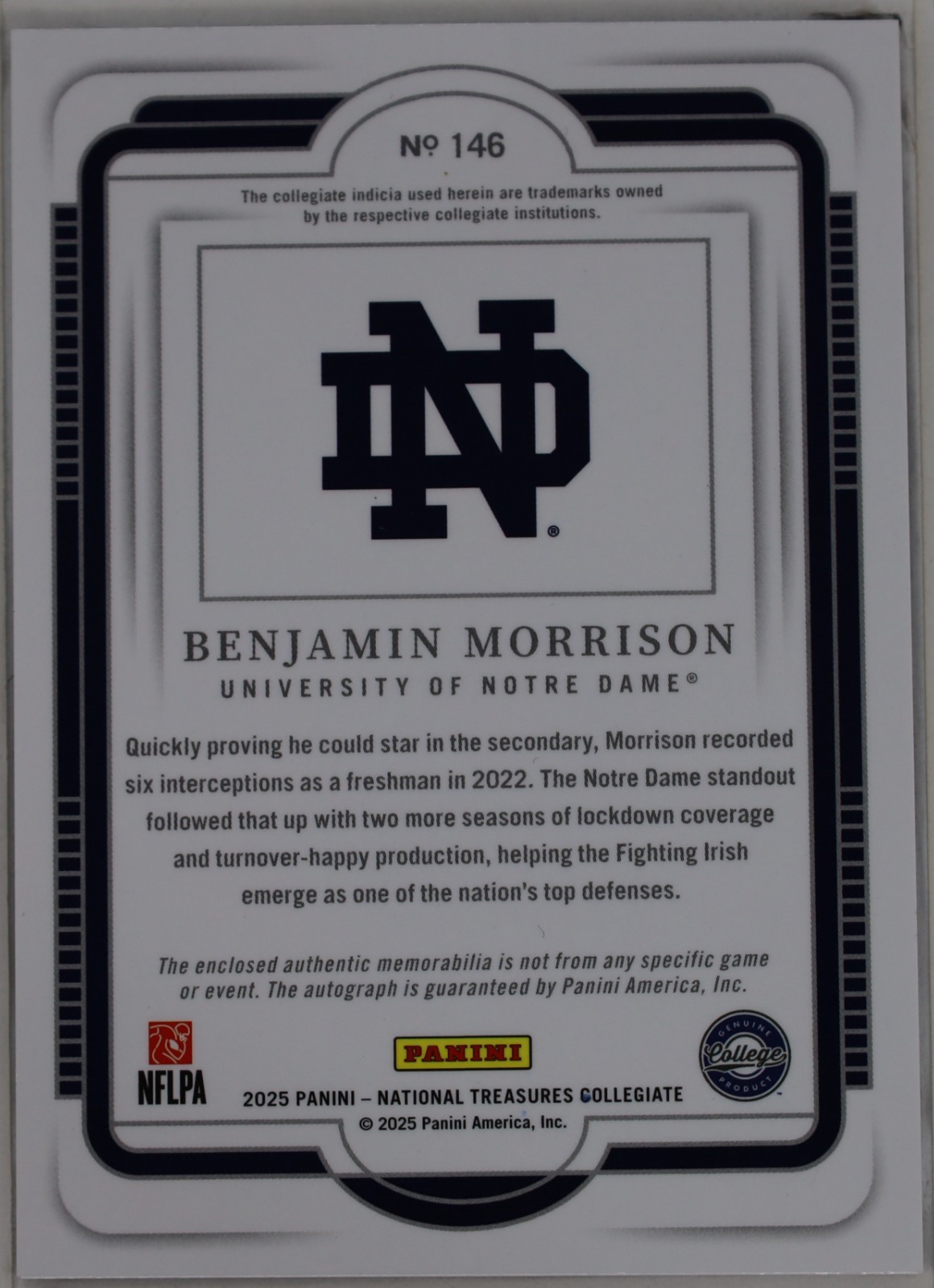 2025 Panini National Treasures 3 Color Patch Benjamin Morrison #96 RPA /39 RC view 2