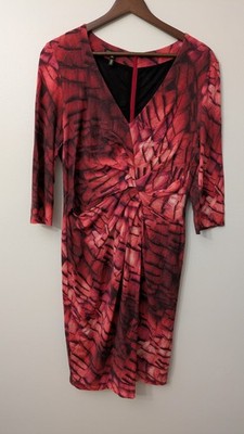 Escada Sheath Dress Size 42 Wool Blend Faux Wrap Gathered Waist Red Black 