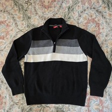 Izod Sweater Mens Large Black Gray White 1/4 Zip Pullover