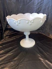 Vtg Indiana Glass Accent Teardrop Pedestal Compote Scalloped WT Milk Glass Bowl