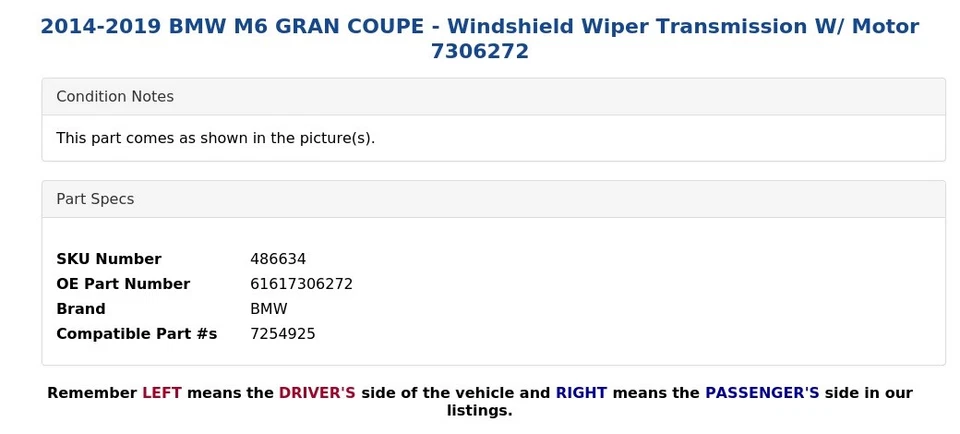 2014-2019 BMW M6 GRAN COUPE - Windshield Wiper Transmission W/ Motor 7306272 - Image 3 of 4