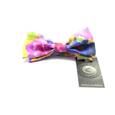 Papillon 'Paolo da Ponte' in pura Seta Giallo Azzurro Rosa Fantasia Floreale.