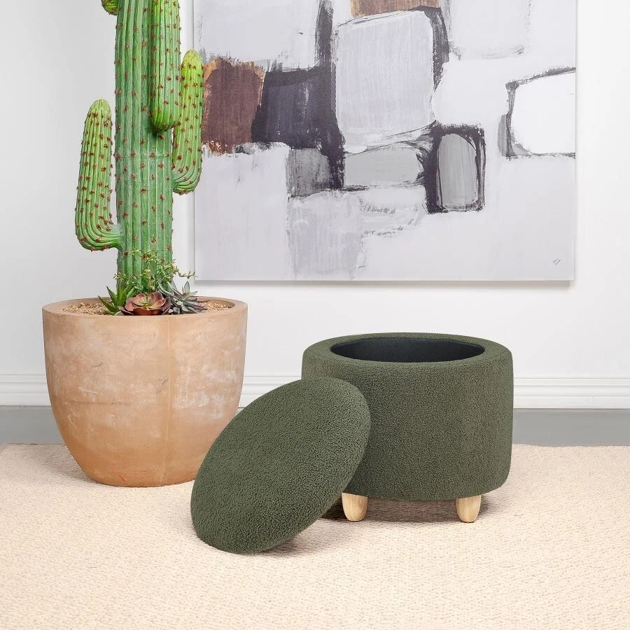 Valia Faux Sheepskin Upholstered Round Storage Ottoman Green - Image 3 of 4