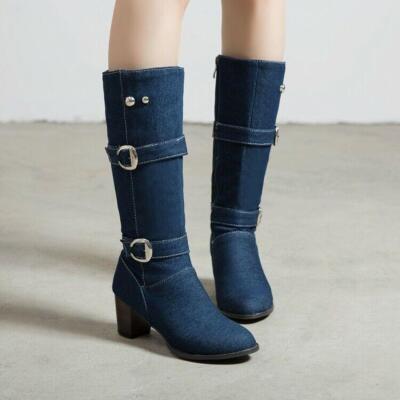 Womens Mid Block Heel Round Toe Mid Calf Cowboy Shoes Denim Buckle Western Boots